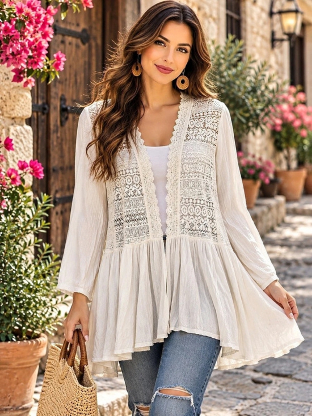 Me & U Ivory Crochet Lace Boho Cardigan Tunic M Open Front Romantic Cottagecore